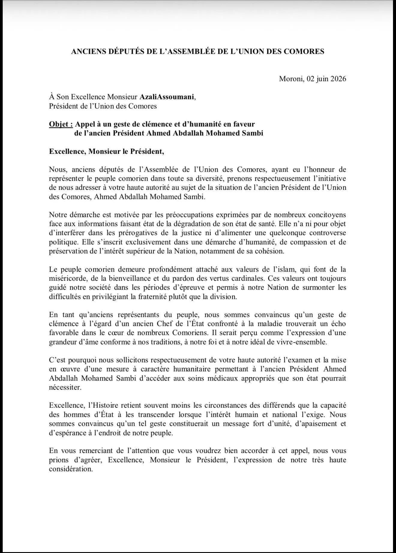 Anciens députés de l'Assemblée de l'Union des Comores — Appel à la clémence pour l'ancien Président Ahmed Abdallah Mohamed Sambi