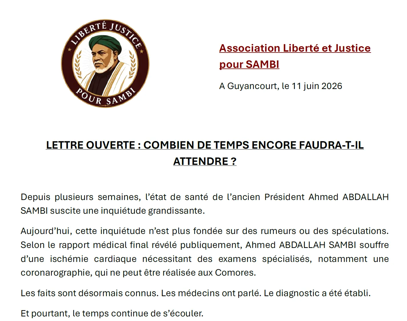 Association Liberté et Justice pour SAMBI — Lettre ouverte : Combien de temps encore faudra-t-il attendre ?